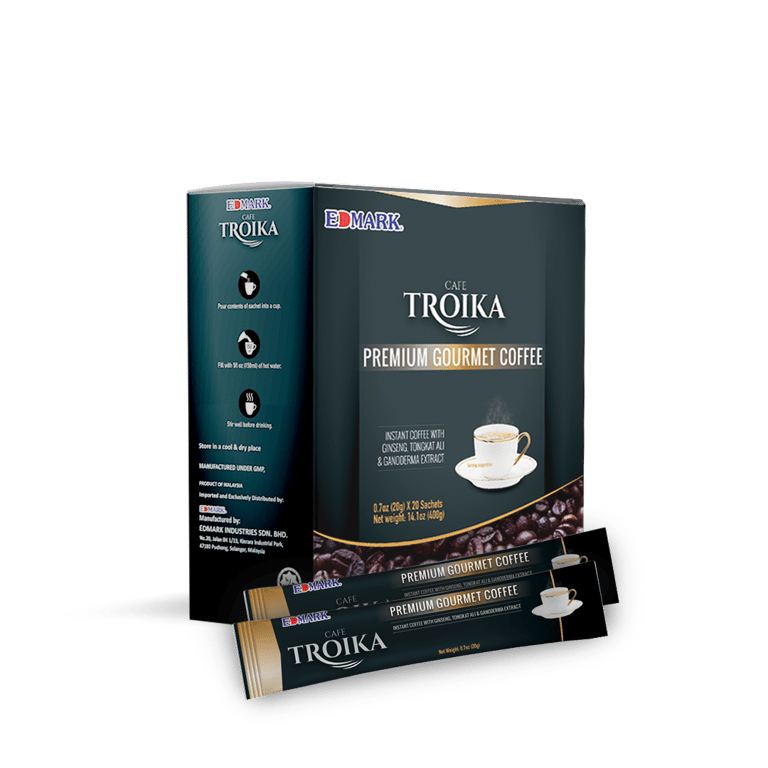 EDMARK Cafe Troika seamlessly combines the invigorating essence of coffee with the added benefits of Ginseng, Tongkat Ali, and Ganoderma
