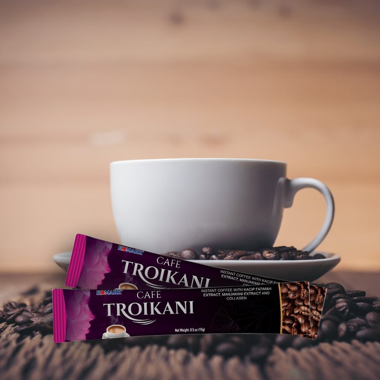 EDMARK CAFE TROIKANI, a unique coffee blend enriched with essential components specifically tailored to support women's holistic vitality